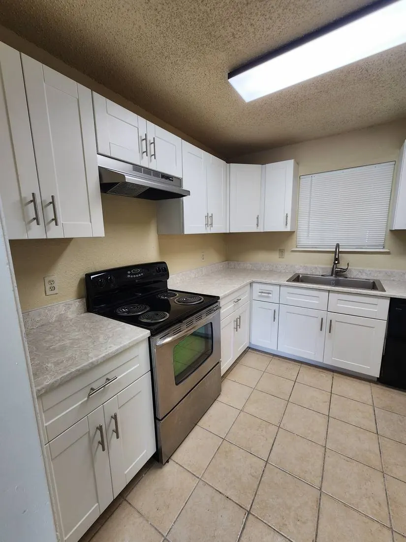 Finished kitchen — range and sink wall