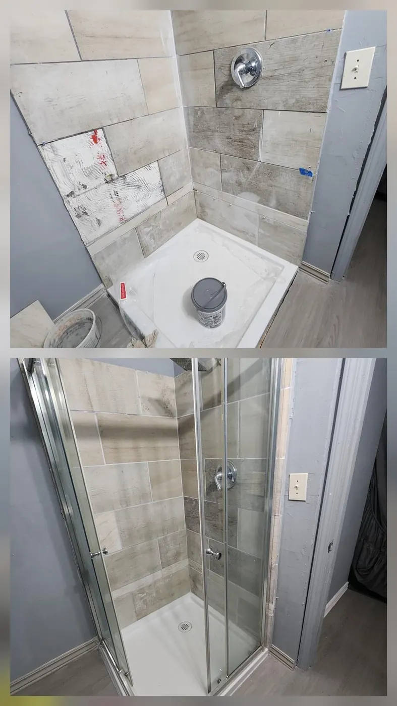 Shower tile install — bare pan to finished glass enclosure